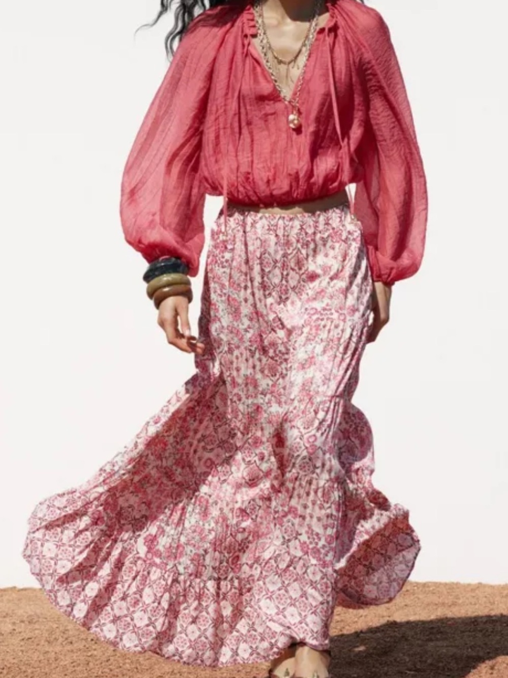 Zara Pink Floral Tiered Maxi Skirt